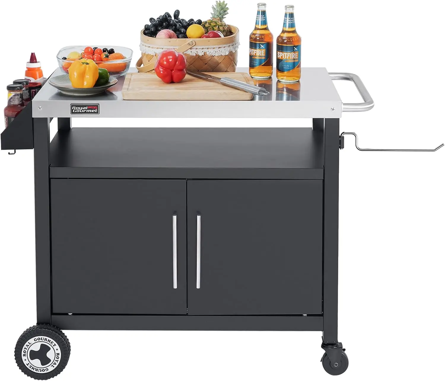 Outdoor Grill Cart with Wheels, Movable Kitchen Island with Storage Cabinet for BBQ, Stainless Steel Dining Cart Table