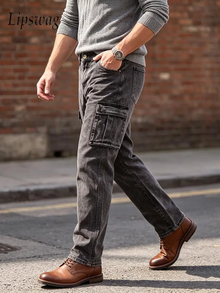 Daily Casual Slim Fit Denim Straight Pants Fashionable Solid Color Multi Pocket Cargo Trousers 2026 Autumn Leisure Wear For Men