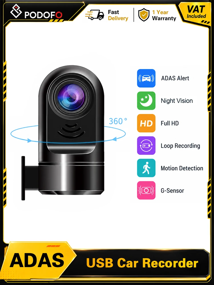 Kamera samochodowa Podofo USB kompatybilna z radiem samochodowym Android, z funkcjami ADAS, LDWS, FCWS i ostrzeżeniami, kąt widzenia 170 stopni. ° Szerokokątny rejestrator jazdy samochodowej 1080P z — 2