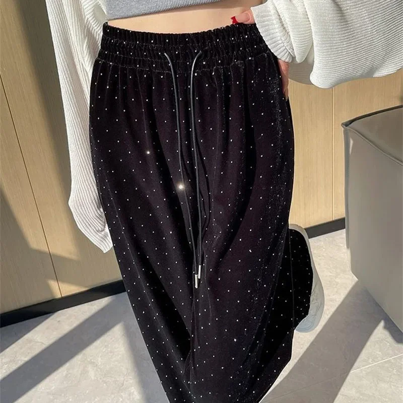 

Брюки с высокой талией, золотые бархатные спортивные штаны со стразами, женские свободные прямые повседневные широкие брюки, модные спортивные брюки женские