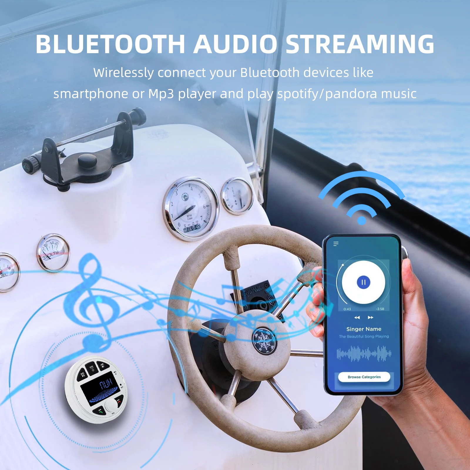 Waterproof Marine Stereo Bluetooth Audio Receiver with 3 Inch LCD Display IP6X Waterproof Rating for Boat Sauna ATV UTV RV Use