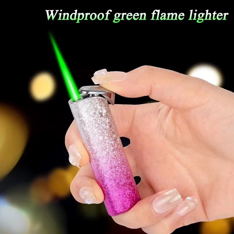 Jet Flame Butane Lighter Windproof Green Flame Three-dimensional Broken Ice Flower Torch Lighters For Kitchen BBQ Smoking Gift