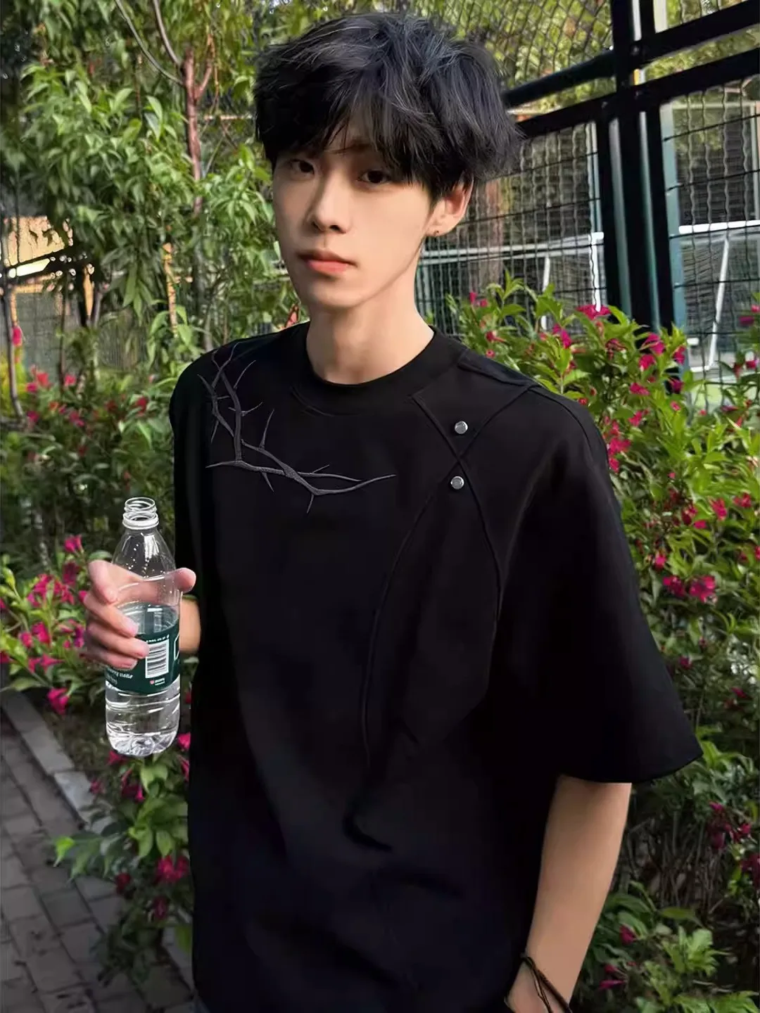 Black Summer New Style T-Shirt Embroidered Structure Splice Short Heavyweight 320g Roman Cloth Short Sleeve Loose Fit Casual Top