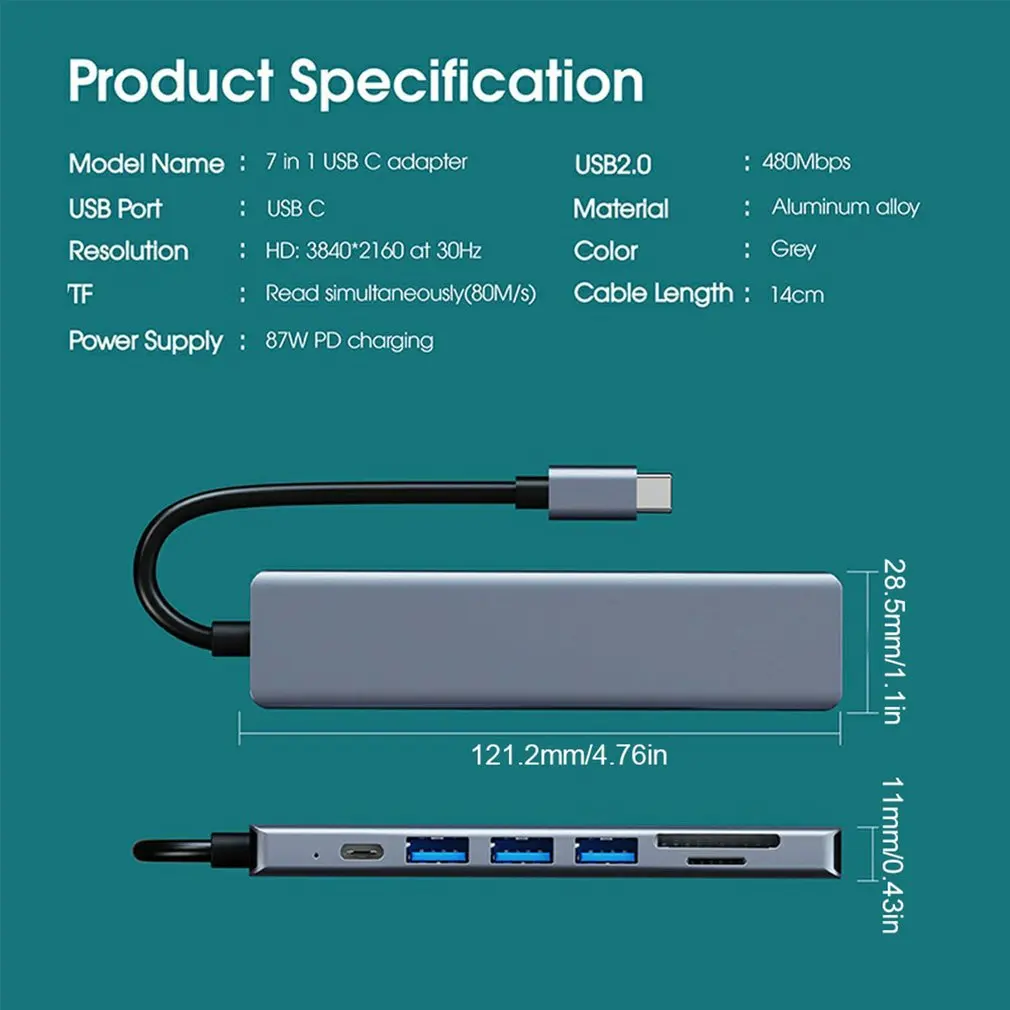 USB-концентратор 7 в 1 с портом Type-C на HDMI