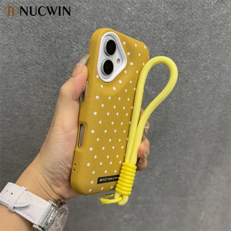 INS Polka Dot Small Fresh Mobile Lanyard Case for iPhone 16 15 14 13 12 Pro Max 16 Plus 11 Lychee Grain Leather Shockproof Cover