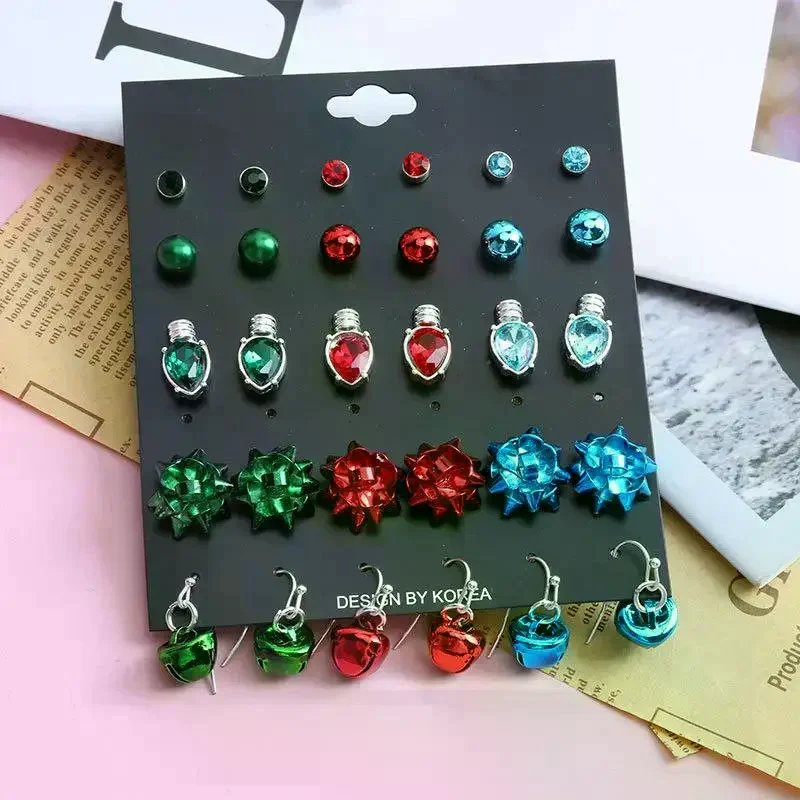 Christmas Earring Set For Women Shiny Crystal Zircon Snowflake Elk Bowknot Elk Xmas Tree Earring Girl New Year Gifts