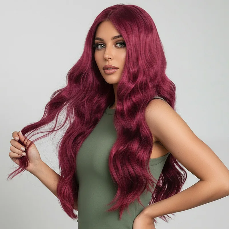 Cross border wig, long curly hair, big waves, European and American gradient, mid split wine red wig-Synthetic fiber wig