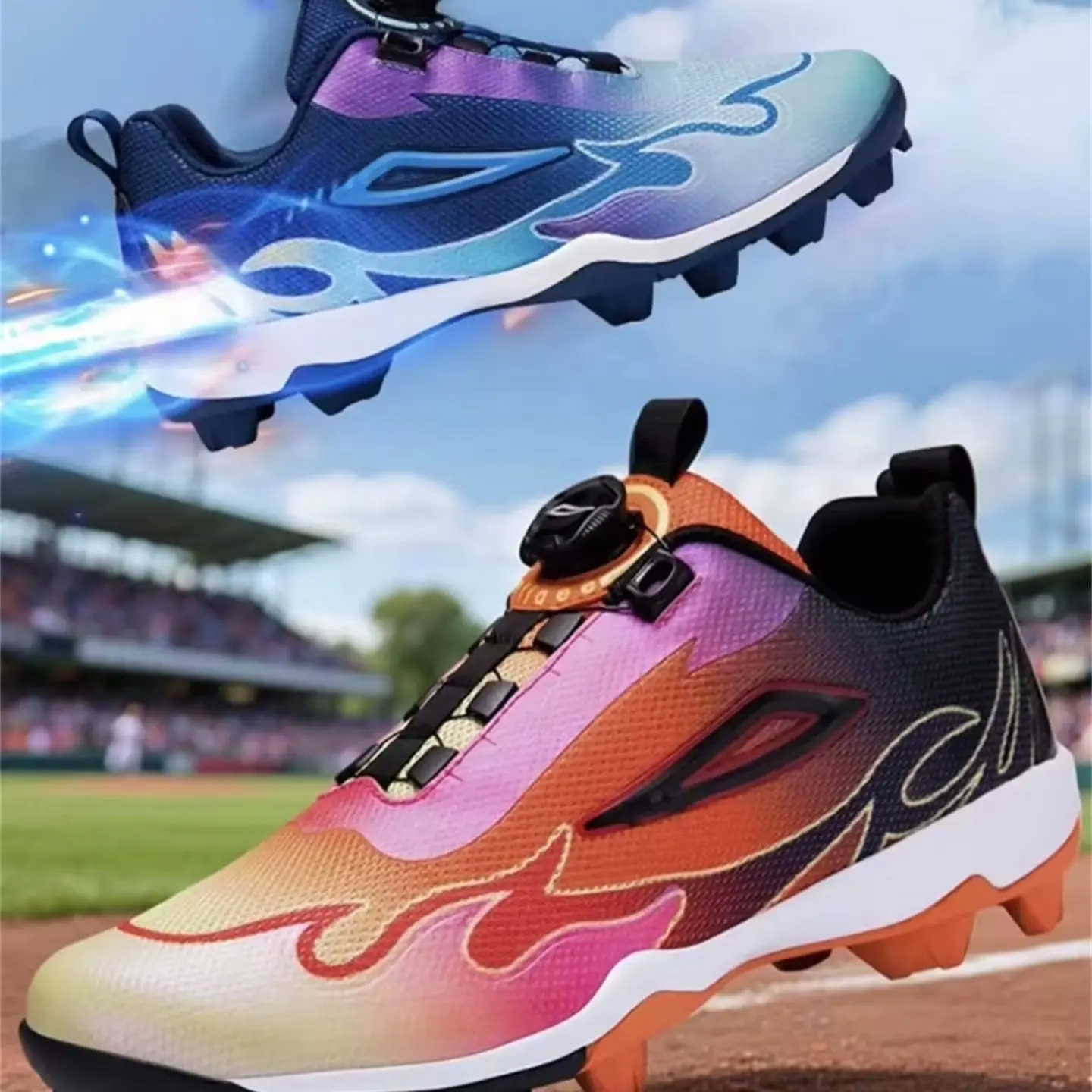 Men Women Training Sneakers Rotating Buckle Baseball Cleats Rebound Cushioning, Rubber Studs Anti-Slip Sole Softball Shoes