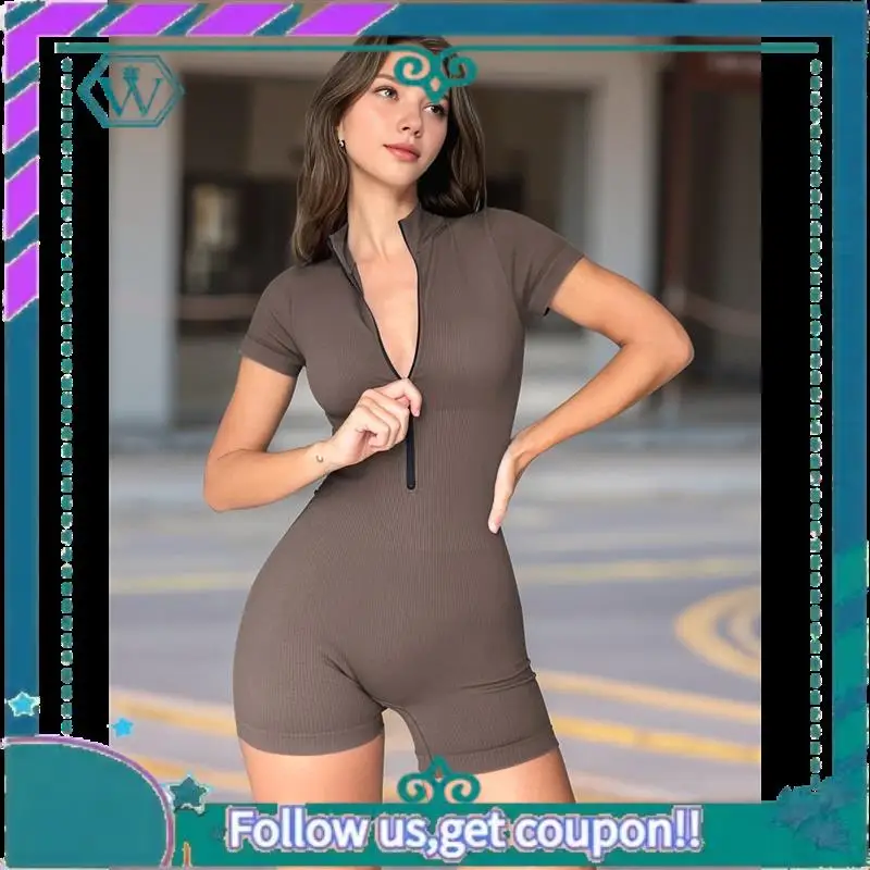 A09P ثوب فضفاض نسائي مضلع بأكمام قصيرة وسحاب أمامي قابل للتمدد للتحكم في البطن وتمارين اليوجا