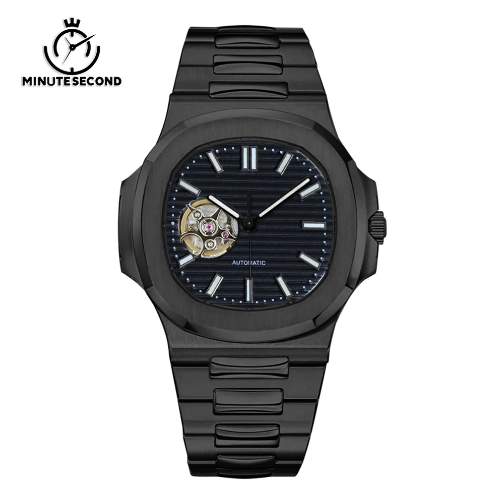 MINUTECOND NH38 Watch NH38 Semi Hollow Dial Black Watch Sapphire Crystal NH38 Automatic Mechanical Movement Man No logo Watch