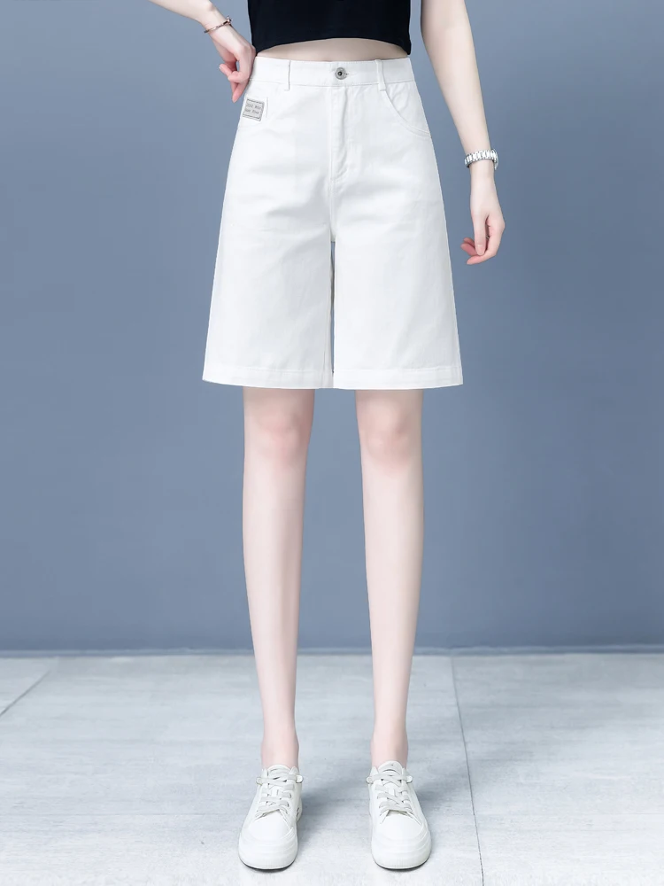 

High Waist Wide Leg White Denim Shorts Women's Summer Thin New Style Five-Quarter Pants Straight Cut Trousers for Petite