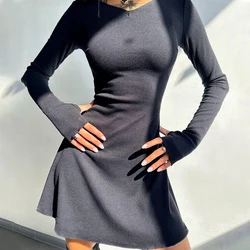 European and American style autumn and winter new fashion simple solid color back strap waist cinching women's dress