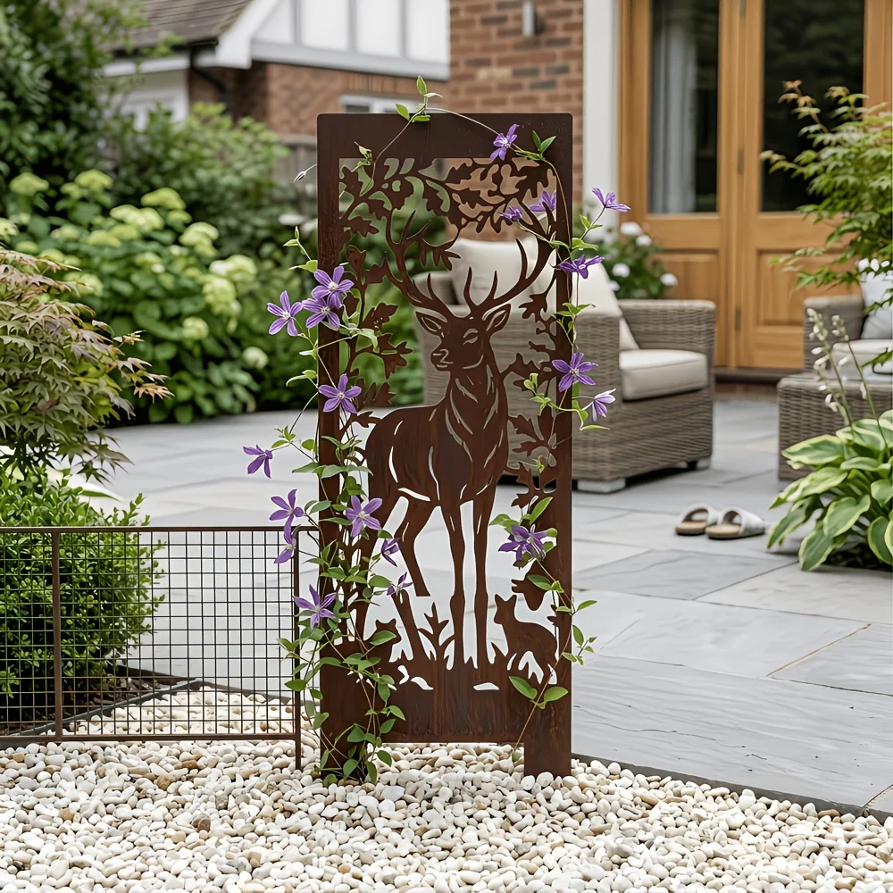 Rustic Metal Deer Garden Stake 2D Flat Dual Purpose Trellis & Decor Screen Courtyard Flower Bed Decor