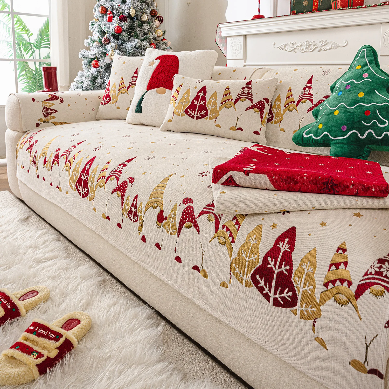 Chenille Christmas Sofa Cover All-Season Slip-Resistant Universal Sofa Cover Non-Fading and Cat-Proof Sofa Cushions