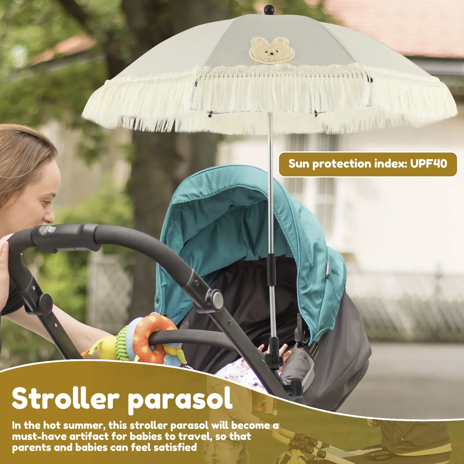 Baby Stroller Umbrella Baby Parasol UV Protection Waterproof Universal Tassel Cute Adjustable Strollers Cover Accessories