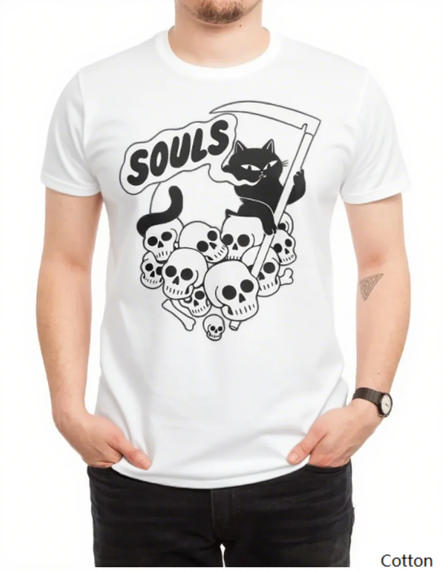 

Whimsical Gothic Cat “Souls and Skulls Vibe” Cotton Crew Neck T Shirt with An Eye - Catching Print of A Cat, Scythe, Skulls