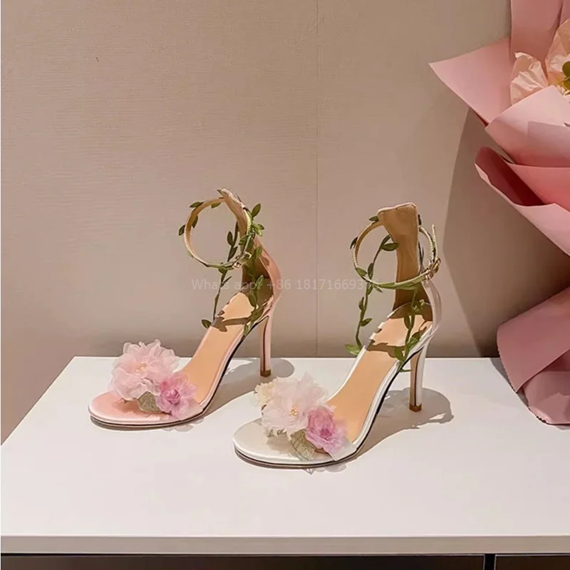 

Fairy Style New Design Wedding Floral Buckle Sandals Women Strappy Thin High Heel Open Toe Sweet Sandals Lady Shoes 2024 Dress