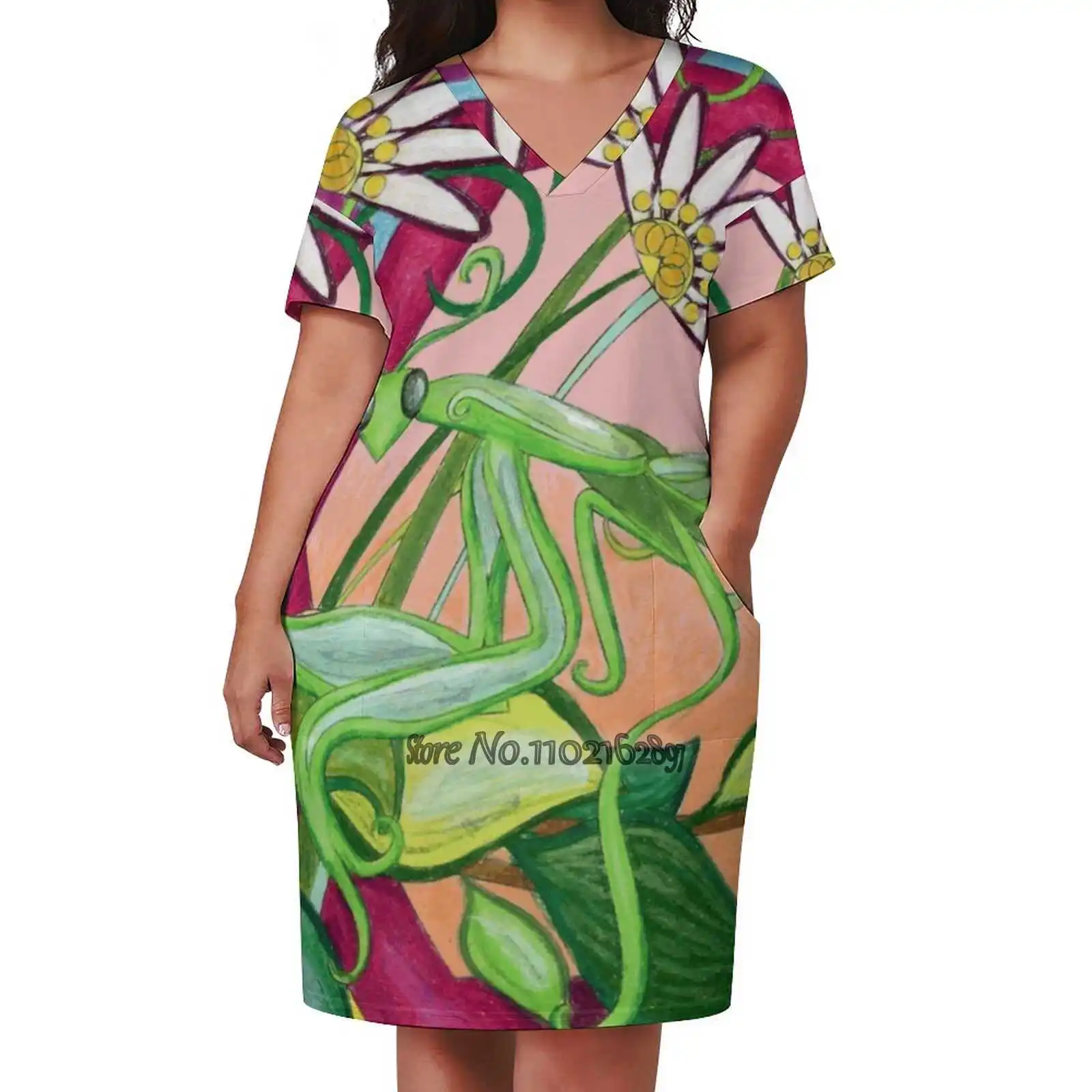 Praying Mantis In Flowers V-Neck Short Sleeve Skirt Slim Skirts Loose Elegant Fashion Dress 5Xl Insect Bug Praying Mantis