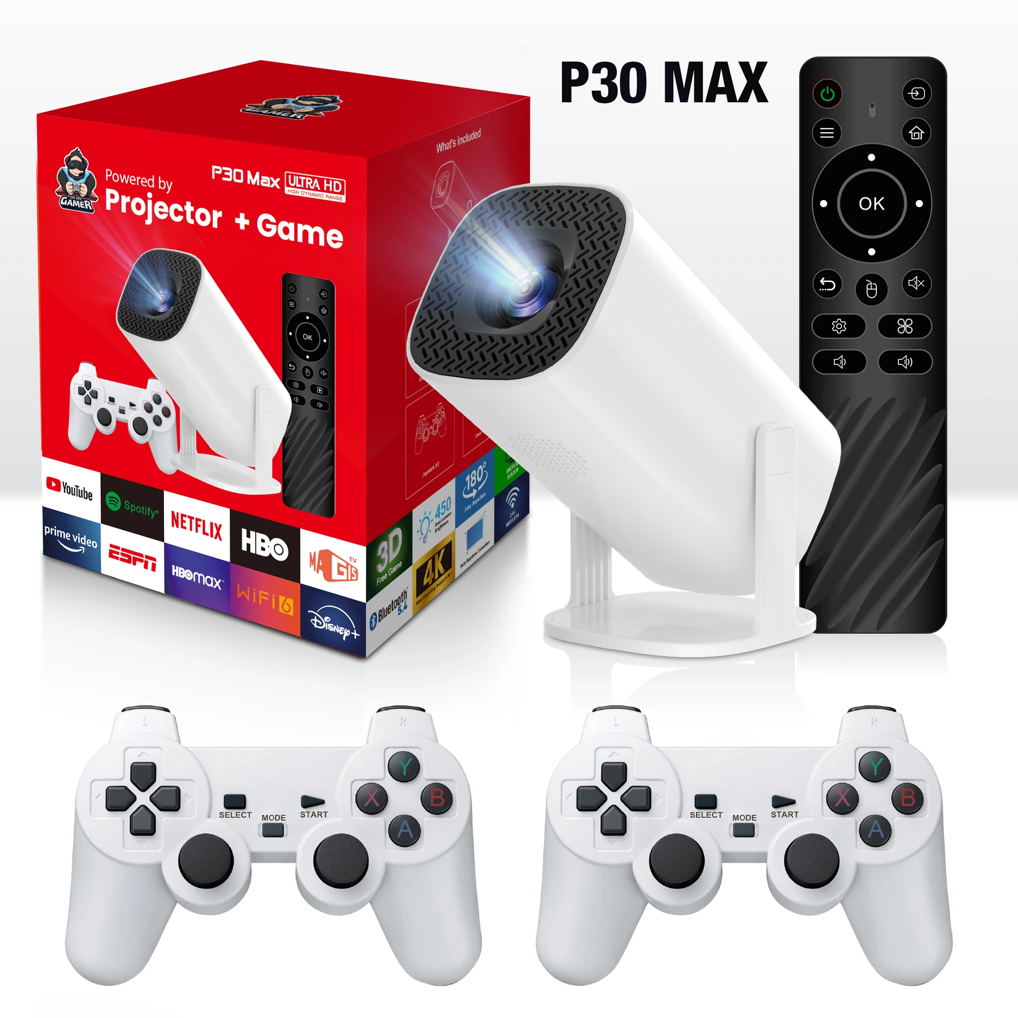 

Salange P30 Max Video Game Console Include 2 Wireless Game Controllers 3800 Games Support 4K 1080P Android11 Portable Projector