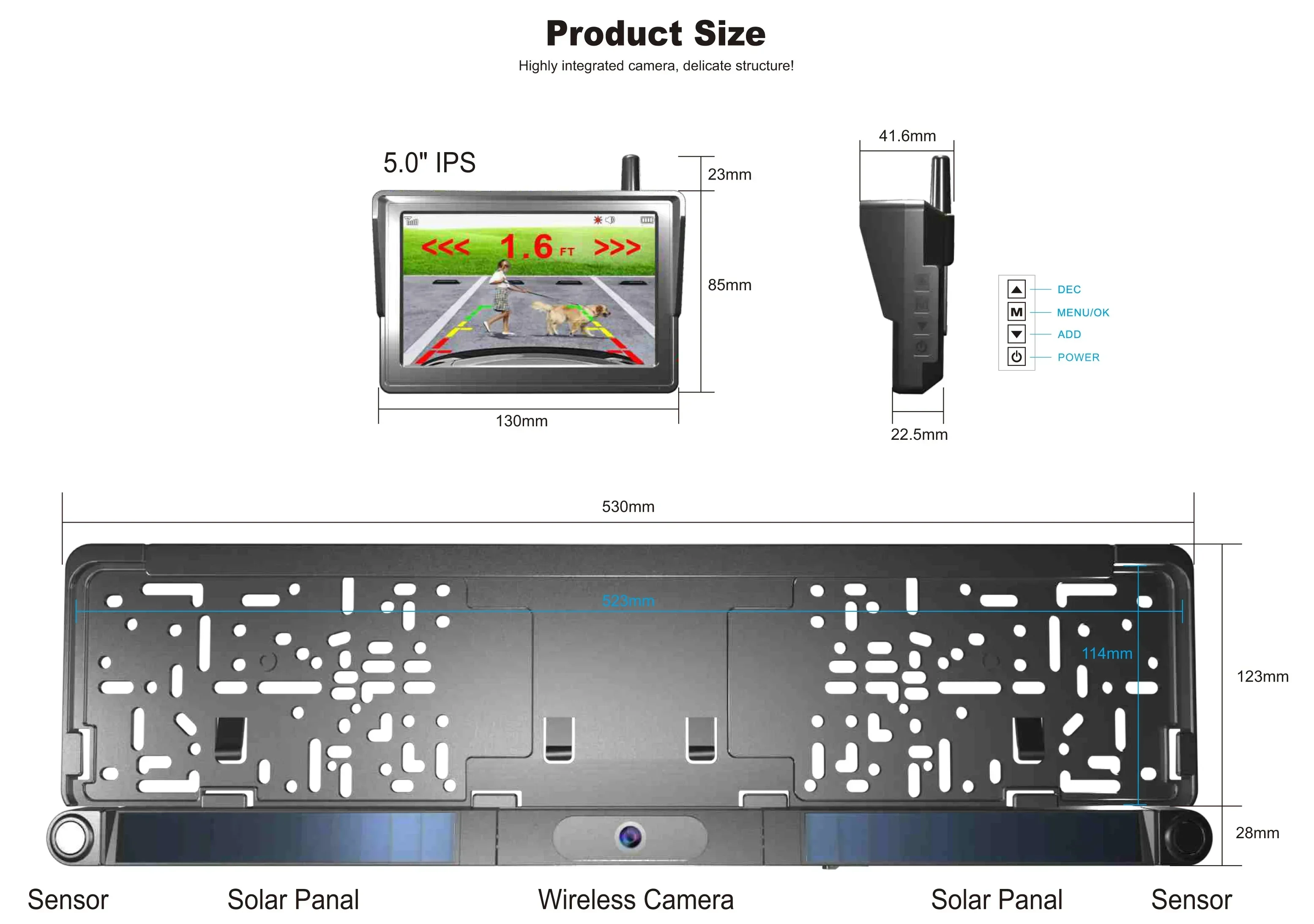 Car Reversing Aid 5 inch Solar Digital Wireless European license rear view camera with ultrasonic parking sensors