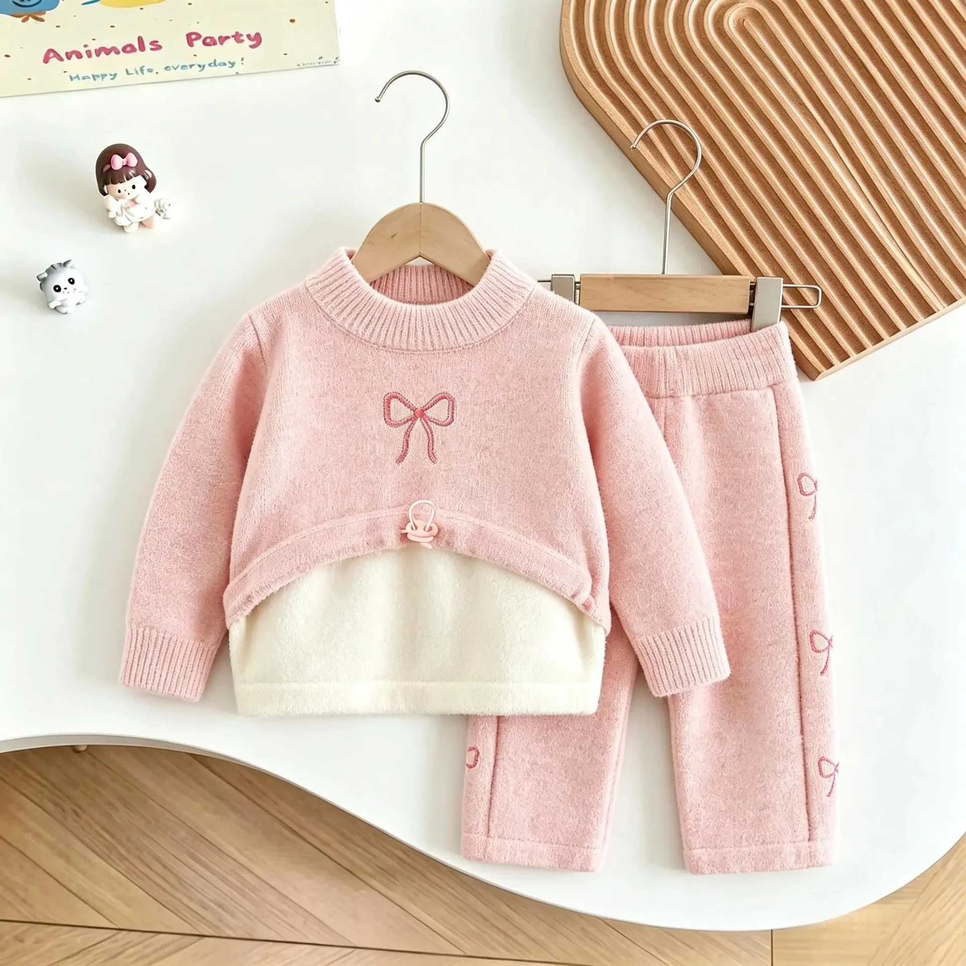 Fall Winter 2PCS Top and Bottom Set Long Sleeve Thicken Clothing Fake Two Piece Pullover Embroidery Bow Casual Outfits Hoodie