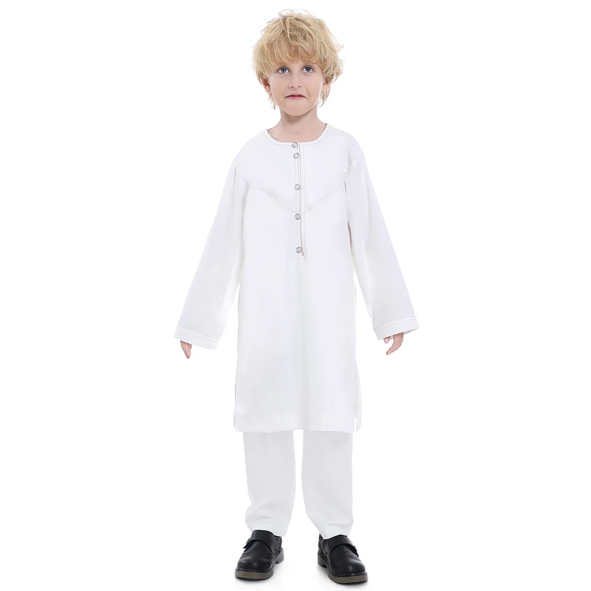 Muslim Boys Jubba Thobe Tops+Pants Two Pieces Clothes Suits Saudi Dubai Islamic Teenge Prayer Garment Arabic Kurta Tunica Hombre