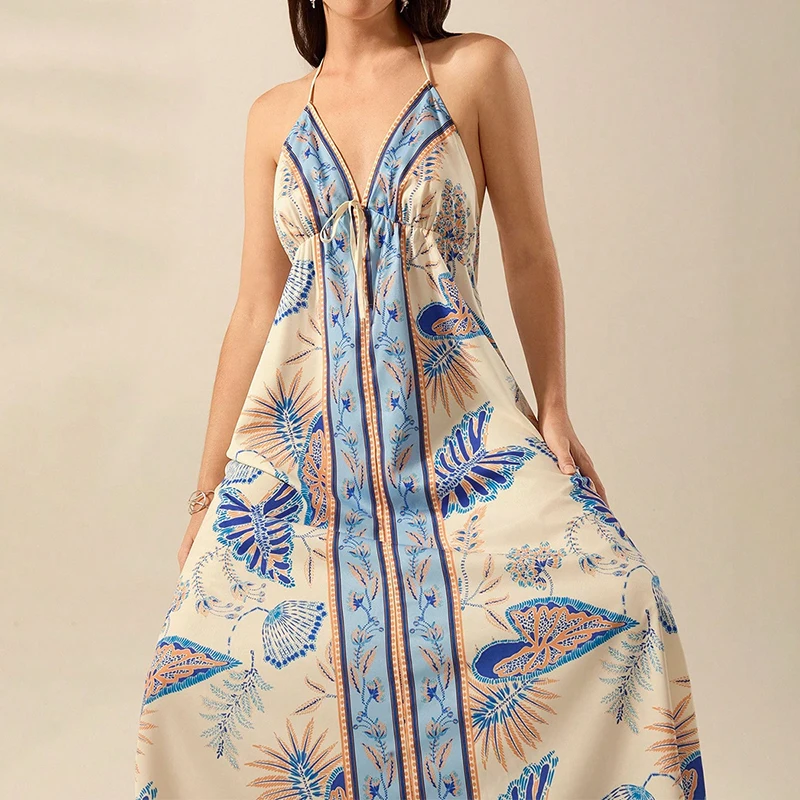 夏休み花柄オフショルダーロングドレスセクシーな背中の開いたビーチ婦人服春 V ネックノースリーブガウンマキシドレス