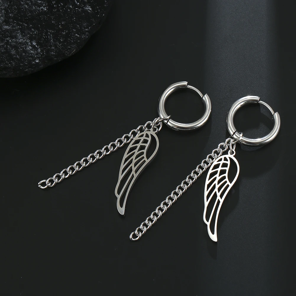 Lucktune Angel Wing Clip Earrings Stainless Steel Fashion Tassel Dangle Piercing Earrings for Women Kpop Jewelry Party Gifts