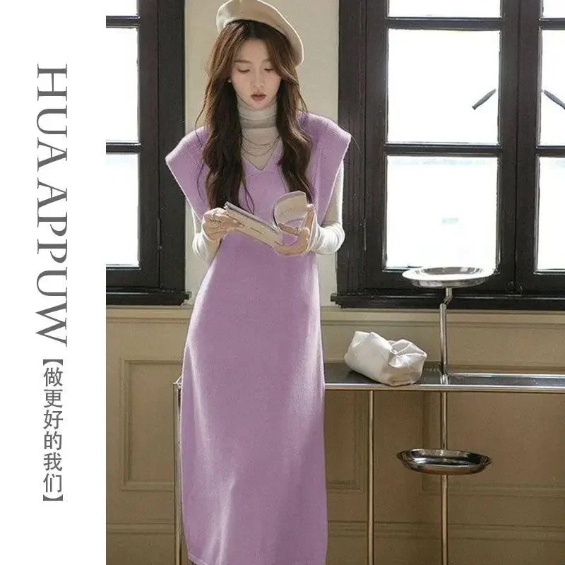 2024 Winter New Elegant Korean Style V-neck Dress for Women Autumn Winter New Slim Fit Versatile Knitted Vest Dress for Women