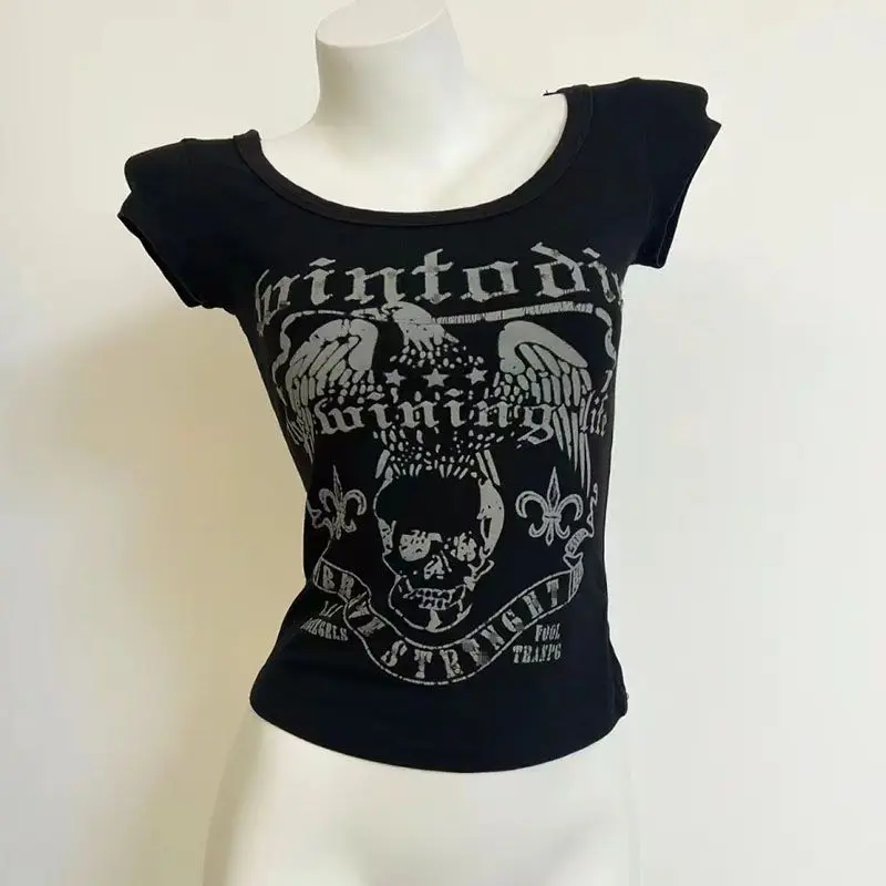 Subculture Punk Vintage Y2K Tees American Sweet Sexy Hollow Out T-shirt Women Slim Black Gothic Rock Top Street Hottie Clothing
