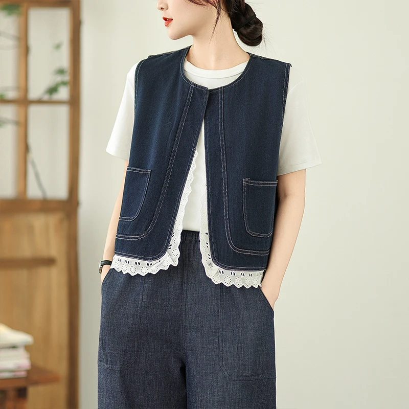 

Летний джинсовый жилет с тонкой кружевной отделкой, простой модный универсальный утягивающий жилет, маленькая верхняя одежда с накладками на плечах, топ