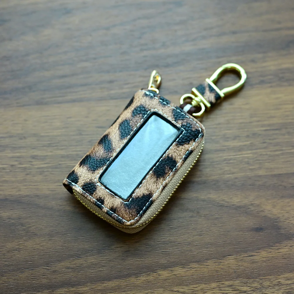 Universal Leopard Print Car Key Case with Window PU Leather Key Fob Cover Zipper Pouch Remote Holder for Women Men Gift
