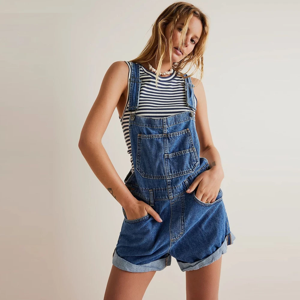 

Womens Denim Overalls Vintage Loose-Fit Straight-Leg Shorts Denim Jeans Romper Summer New Street Style Cotton Pants Jumpsuits