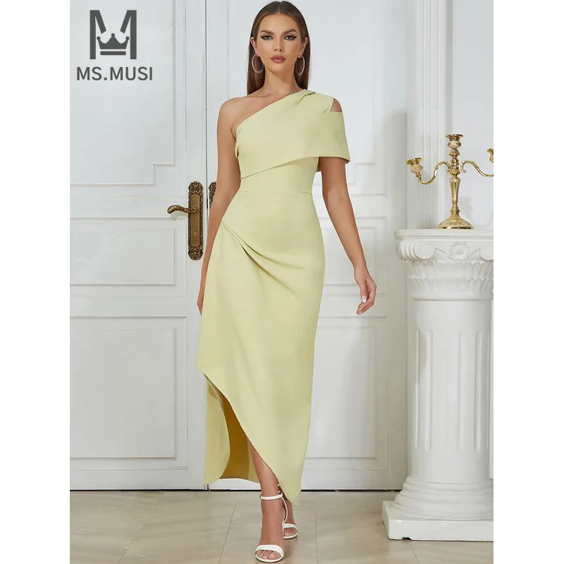 MSMUSI 2025 New Fashion Women Sexy One Shoulder Draped Fold Short Sleeve Party Club Bodycon Event Slit Slim Midi Dress Vestidos