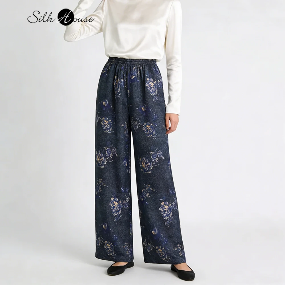 

2026 Women's Fashion Spring Clothing 100% Natural Mulberry Silk Fragrant Cloud Yarn Denim Blue Printed Casual Straight-leg Pants