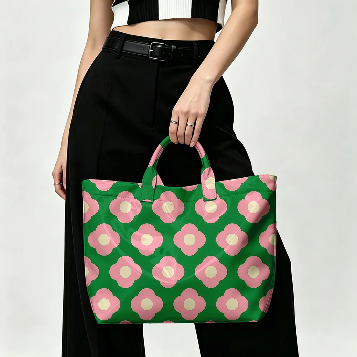 Green pink flower pattern PVC Tote Bag Lightweight Handbag Commuting Large Capacity Portable Travel Shoulder Bag Tote Bag Mothe