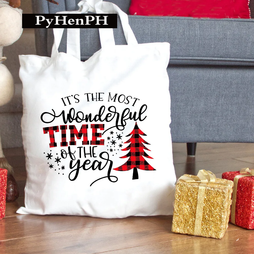 Bolsa tote de lona com tema de natal, caixa de presente de feliz natal, xadrez de árvore, bolsa de compras de ombro festiva para mulheres