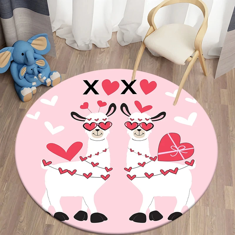 Kawaii Alpaca Print Round Carpet Cartoon Rug For Children's Room Dorm Living Room Decor Non Slip Circle Floor Mat Soft Yoga Mats