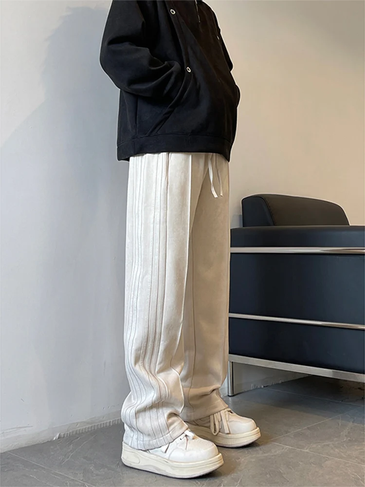 

Американские мужские спортивные брюки из плотной ткани, весенне-осенние, в стиле High Street, с полосками, модные, брендовые, ретро, из замши, широкие.