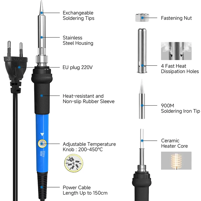 1/3/5/7/8/9Pcs Adjustable Temperature Electric Soldering Iron 220V 60W Welding Solder Rework Station Heat Pencil Tips RepairHot