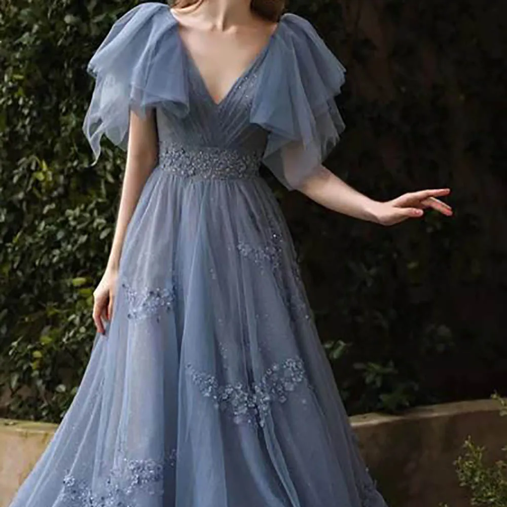 A-Line Tulle Long Prom Dress Evening Gown V Neck Short Sleeves Lace Appliques Pleated V Back Floor Length Sweep Train