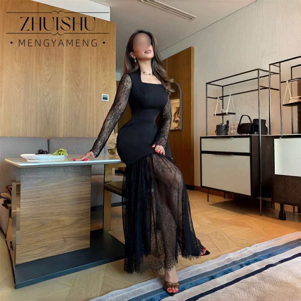 ZHUISHU Modern Black Lace Mermaid Evening Dress Long Sleeves Square Collar Pleat Formal Party Gowns Customized Robes De Soirée