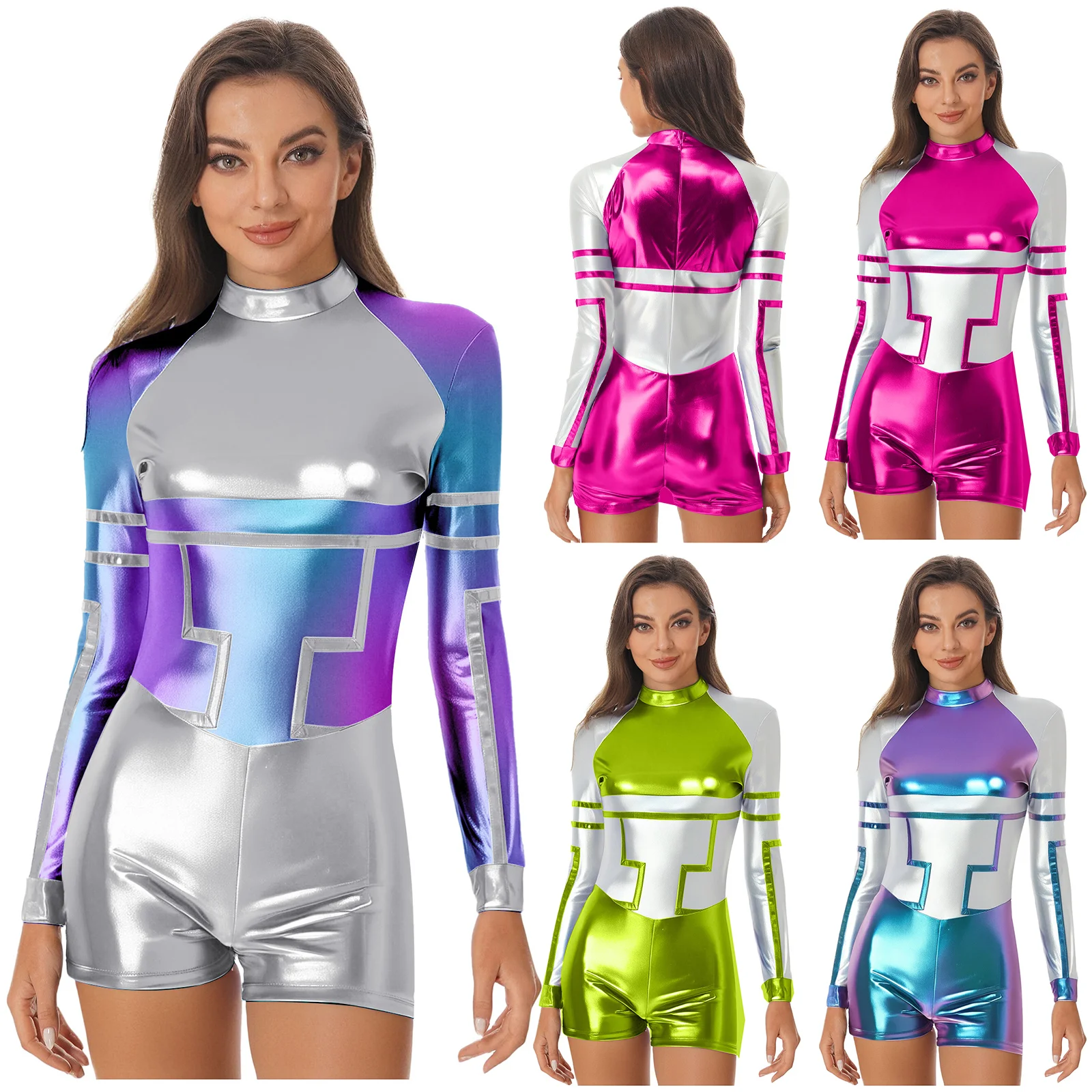Women Space Alien Robot Astronaut Galaxy Trip Cosplay Costume Long Sleeve Metallic Shiny Bodysuit for Halloween Theme Party view 3
