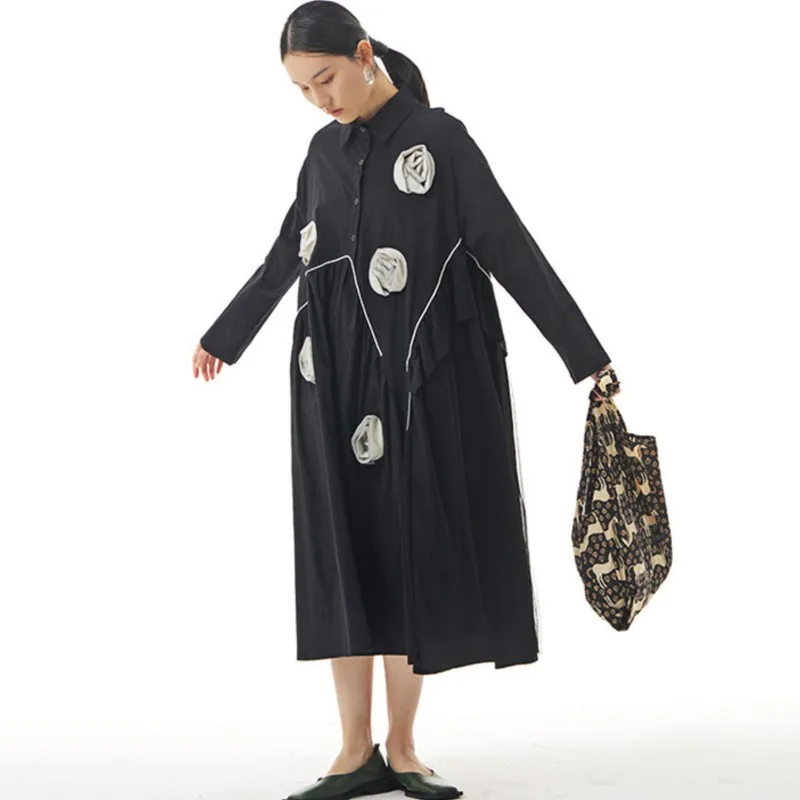 

Johnature Spring 2024 Women New Dresses Fashion Casual Three-dimensional Flower Decoration Patchwork Loose Female Dress