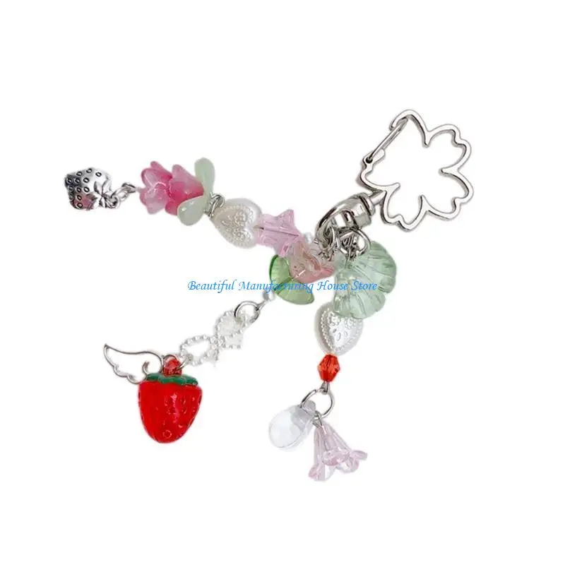 E56A Sweet Strawberry Flower Keychain Pendant Lovely Hanging Decorations Keyring Charm for Purse Bag Backpack Handbag