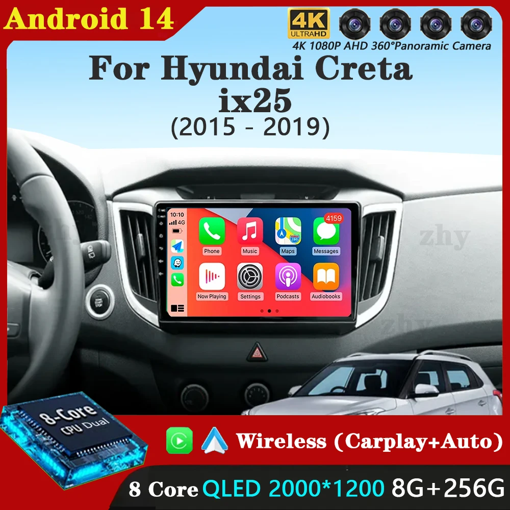 Android 14 Car Radio For Hyundai Creta ix25 2015 - 2019 Navigation Multimedia Player Stereo WiFi+4G DVD Video DSP BT Carplay DVD