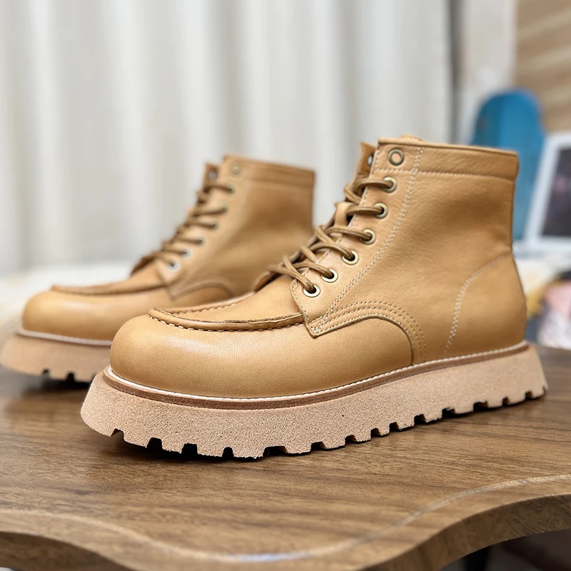 

Genuine Leather Ankle Boots New High Top Men Shoes Thick Sole Lightweight Motorcycle Boots Handmade American Style Work Boots