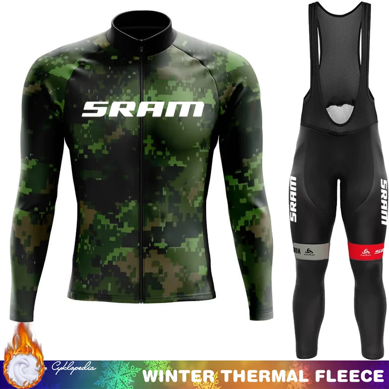 SRAM Winter Cycling Jersey Men Thermal Fleece Sportswear Set 2025 Men's Bicycle Clothing Road Cycle Retro Triathlon Mens Clothes