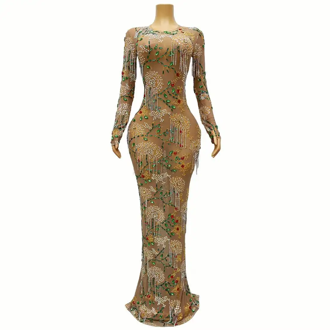 Women Stunning Drill Chain Flower Design Evening Prom Party Stage Rhinestone Long Dress Birthday Singer Queen Costume