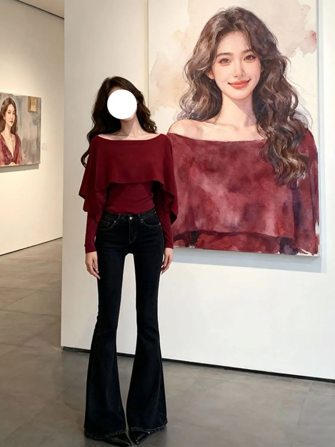 

Sweet Red oulder Wrap Layering Winter Faion Slimming Base Layer Top Non-Repeating New Year Sle High Waist Pants